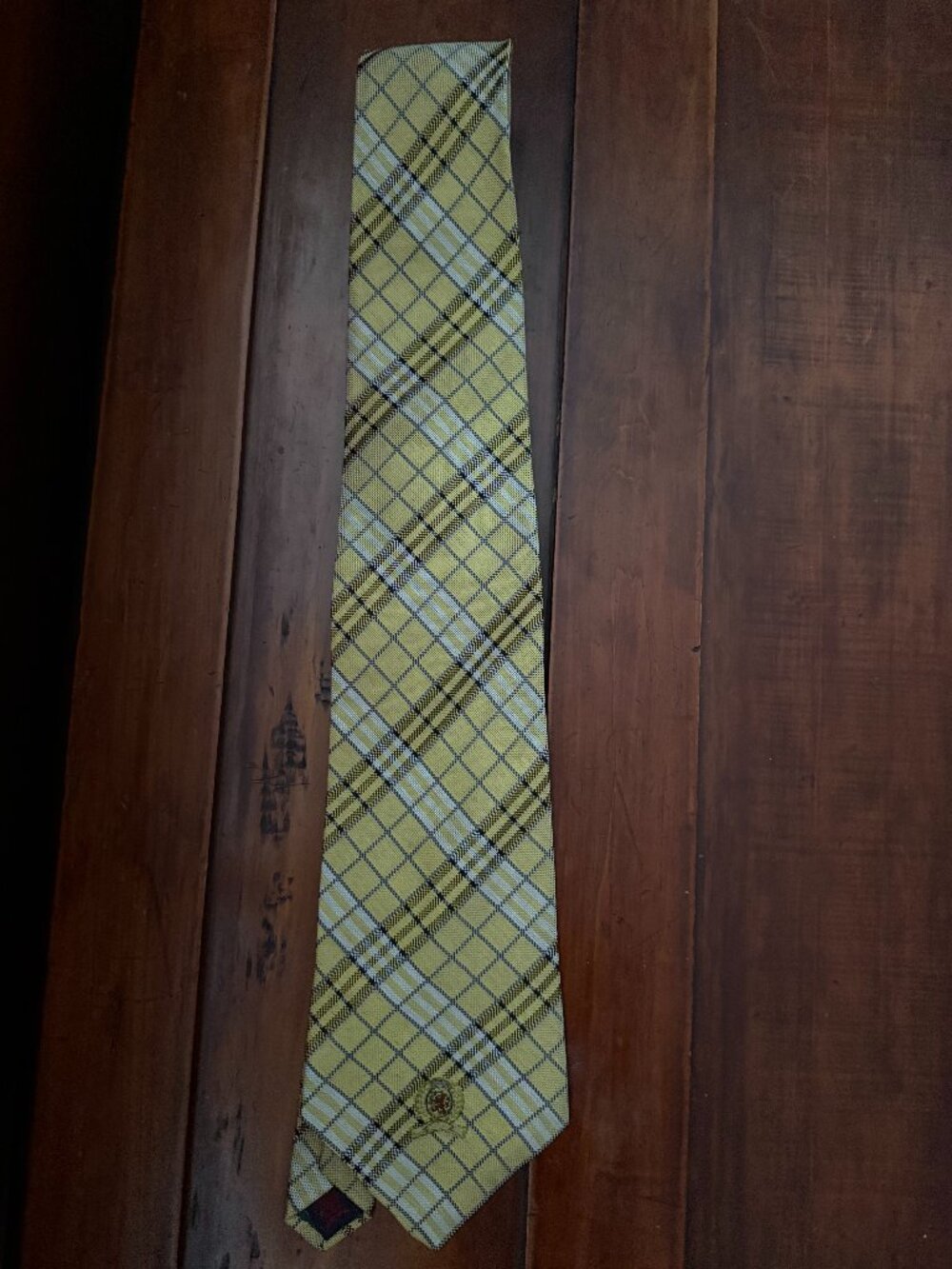 Tommy Hilfiger Plaid Gold and Blue Pattern Silk Necktie